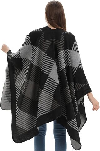 PAMEILA Women's Travel Plaid Shawl Wraps Open Front Poncho Cape Warm Oversized Sweaters Casual Cardigan Shawls for Fall Winter,Series 03-Geometry Black in Saudi Arabia