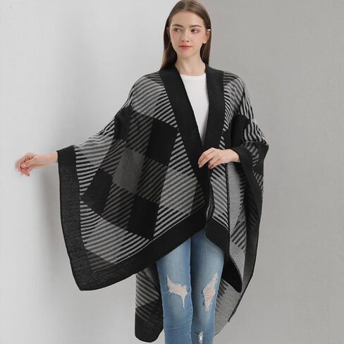 PAMEILA Women's Travel Plaid Shawl Wraps Open Front Poncho Cape Warm Oversized Sweaters Casual Cardigan Shawls for Fall Winter,Series 03-Geometry Black in Saudi Arabia