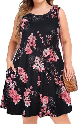 Plus Size Summer Dresses for Women Sleeveless Casual Pocket Beach Sundress | Two Hidden Pockets, Scoop Neck Plus Size Dress, Flowy Boho Sun Dress, Swing Floral Dress, Beach Cover Up for Vacation 2026 in Saudi Arabia
