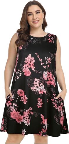 Plus Size Summer Dresses for Women Sleeveless Casual Pocket Beach Sundress | Two Hidden Pockets, Scoop Neck Plus Size Dress, Flowy Boho Sun Dress, Swing Floral Dress, Beach Cover Up for Vacation 2026 in Saudi Arabia
