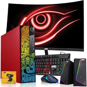 TechMagnet M83 Cobra RGB Gaming Desktop PC, Intel Core i7, 16GB DDR4 RAM, 512GB SSD, GT 1030 Graphics Card, 24 Inch Curved Monitor, RGB Kit, Webcam, Windows 11 Pro - Carbon Red (Renewed)