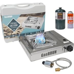 Propane or Butane Stove with Windblocker & Carry Case, Upgrade Dual Fuel 10000BTU Stainless Steel Portable Camping Gas Stove for Camping,Tailgating,Outdoor Cooking,Emergency(Fuel not included)