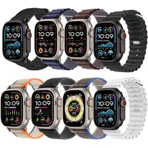 Baozai 8-Pack متوفرة Apple Watch Bands 49mm 46mm 45mm 44mm ، فرقة حلقة نايلون القابلة للتعديل مع Silicone Sports مع علبة منظمة-تناسب Ultra/Ultra 2 ، السلسلة 1-10 للرجال
