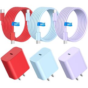 i Phone Charger Fast Charging, 3Pack 20W USB C Charging Block + 10FT USB Charger Cable, Compatible with i Phone 15 16 Pro/Max/Plus - Purple Red Blue