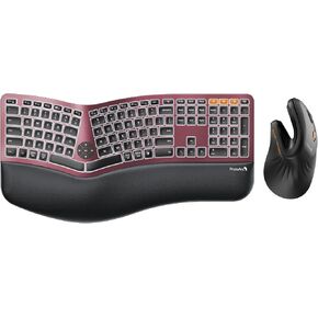 Backlit Wireless Full Size Ergonomic Keyboard Wine Red and Bluetooth Ergonomic Vertical Mouse Black