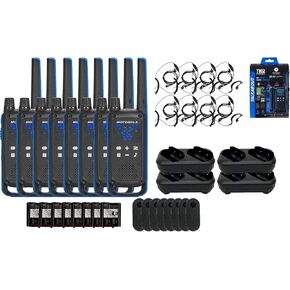 Motorola Solutions, Talkabout T802, Portable FRS Two Way Radio 8 Pack Walkie Talkies Blue/Black 22 Channels 4 Dual Charger Docks 8 PTT Earpieces