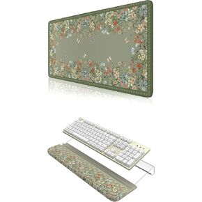 HAOCOO Ergonomic Keyboard Wrist Rest & Floral Desk Mat Combo, 3-Level Adjustable Keyboard Stand + Non-Slip Large Mouse Pad, Memory Foam Wrist Support for Office & Gaming (Green)