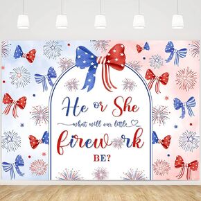 MEHOFOND 7x5ft 4th of July Gender Reveal Backdrop Bow Patriotic Bows Red White Blue Star Stripes He or She What Will Our Little Firecracker be Gender Reveal Photography Background Photo Booth