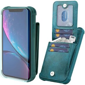 VANAVAGY Compatible for iPhone XR Wallet Case for Women and Men,Leather Magnetic Clasp Flip Folio Phone Cover with Credit Card Holder and Coin Pocket,Black