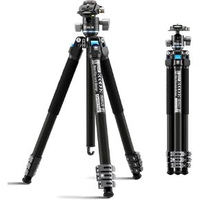SIRUI Carbon Fiber Travel Tripod with Low Profile Ball Head, 58.6" Lightweight Compact Tripod for Cameras, Quick Mini Flip Locks, Reversible Center Column, Max Load 33lbs (L-224FL+KS-10)