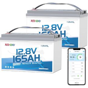 Redodo Group 31 Bluetooth LiFePO4 Battery 12V 165Ah, 2112Wh Max. Energy, 165A BMS with Low Temp Protection, Perfect for RV, Marine, Solar, Home Energy Storage (2 Pack)