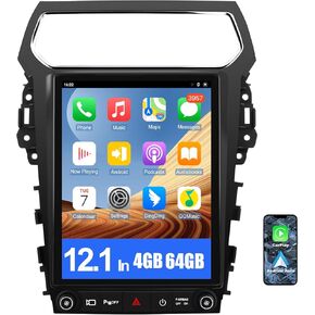 12.1 Inch Android 13 Car Stereo for Ford Explorer 2011-2019, 4G+64G Touch Screen Radio with Wireless Apple CarPlay/Android Auto, GPS Navigation, WiFi, Bluetooth, SWC, Backup Camera Input
