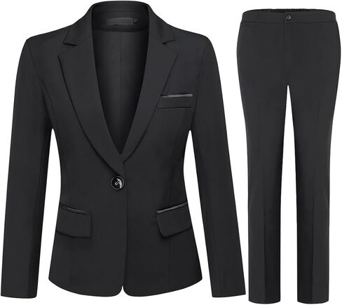YUNCLOS Women's 2 Piece Office Lady Business Suit Set Slim Fit Blazer Pant, X-Large, Black in Kuwait