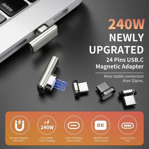 240W 90° Magnetic USB-C Adapter, 40Gbps, 4K, Right-Angle | Secure magnetic hold, 40Gbps data transfer, 4K video output, protects USB-C port, for MacBook Pro/Air, Steam Deck, PS5 in Kuwait