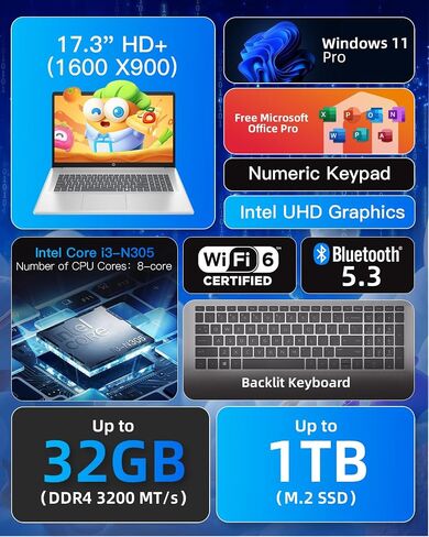 HP Flagship 17 Laptop Computer - 17.3" 250 nits Display, Intel i3-N305, 32GB RAM, 1TB PCIe SSD, Windows 11 Pro, Office Pro Lifitime, Numeric Keypad, Wi-Fi 6, Copilot, w/DVD Drive in Saudi Arabia