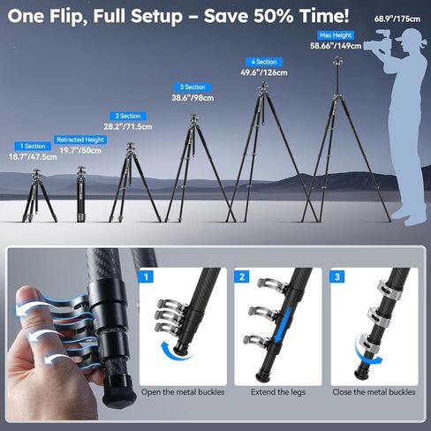 SIRUI Carbon Fiber Travel Tripod with Low Profile Ball Head, 58.6" Lightweight Compact Tripod for Cameras, Quick Mini Flip Locks, Reversible Center Column, Max Load 33lbs (L-224FL+KS-10) in Saudi Arabia