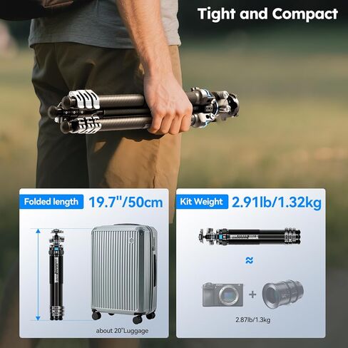 SIRUI Carbon Fiber Travel Tripod with Low Profile Ball Head, 58.6" Lightweight Compact Tripod for Cameras, Quick Mini Flip Locks, Reversible Center Column, Max Load 33lbs (L-224FL+KS-10) in Saudi Arabia