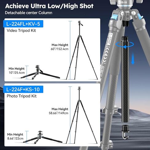 SIRUI Carbon Fiber Travel Tripod with Low Profile Ball Head, 58.6" Lightweight Compact Tripod for Cameras, Quick Mini Flip Locks, Reversible Center Column, Max Load 33lbs (L-224FL+KS-10) in Saudi Arabia