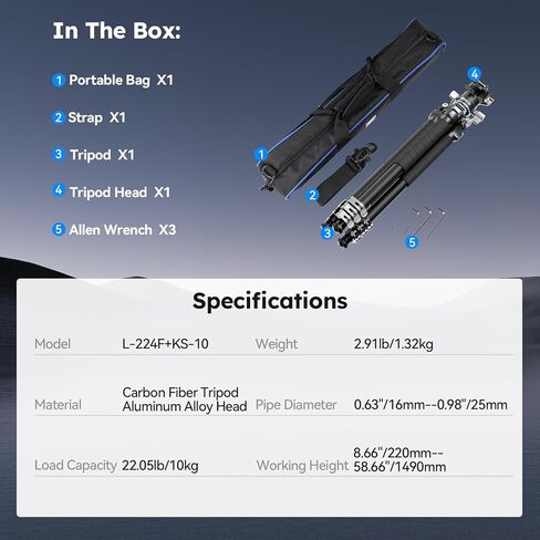 SIRUI Carbon Fiber Travel Tripod with Low Profile Ball Head, 58.6" Lightweight Compact Tripod for Cameras, Quick Mini Flip Locks, Reversible Center Column, Max Load 33lbs (L-224FL+KS-10) in Saudi Arabia