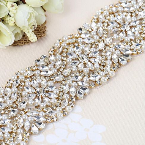 XINFANGXIU فضي ذهبي حجر الراين مزين بمساحة 1 ياردة لحزام الزفاف الكريستالي DIY على فستان الزفاف in Kuwait