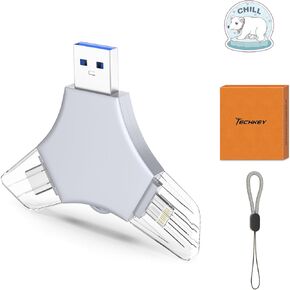 USB 3.0 Flash Drive 64gb for iPhone, 3in1 External Memory Picture Keeper Storage Stick for Photo, V5.90High Speed Thumb Drives for iPhone/iPad/Android/PC - Khaki-Gray