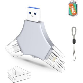 USB 3.0 Flash Drive 64gb for iPhone, 3in1 External Memory Picture Keeper Storage Stick for Photo/Video/Data Saver/Backup, V3.03 High Speed Thumb Drives for iPhone/iPad/Android/PC - Mushroom-Gray