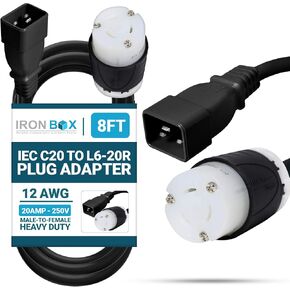IronBox Electric - Heavy Duty IEC C20 to L6-20R Plug Adapter Power Cord - 12 AWG Jacket - Rated for 20 Amps and 250V - UL Listed Extension Cable - Ideal for Server Racks and Data Centers (3 feet)