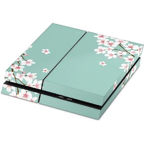 ZOOMHITSKINS Compatible with PS4 Skin, Compatible for Playstation 4, Aqua Sakura Japanese Cherry Blossom Mint Green Flowers, 1 PS4 Console Skin, Easy to Install, 3M Vinyl Decal, Made in The USA