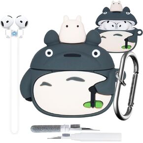 Cute Totoro Case for AirPods 4th Generation Cover 2024, Cool Funny Cartoon Animal Silicone Case for AirPods 4, 4 in 1 Accessories Set with Magnetic Strap, Keychain, Cleaner Pen Kit for Women Men, Grey
