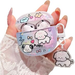 for Airpod 4 Cute Case with Puppy Keychain Cartoon Animal Clear Protective Cover Compatible with AirPods 4th Generation Case 2024 for Girls Women (White Dog)