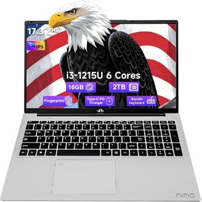 NIMO 17.3 Business-Laptop, 16GB RAM 2TB SSD, Intel Core i3-1215U, Windows 11 Computer PC with Backlit Keyboard Fingerprint Unlock 65W Type-C WiFi 6 BT5.2 54Wh Battery for Students Seniors Home Office