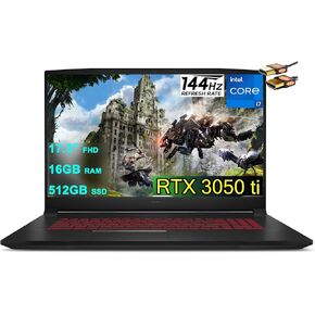 MSI Katana GF76 17 Gaming Laptop 17.3" FHD IPS 144Hz Display 11th Gen Intel 8-Core i7-11800H 16GB RAM 512GB SSD GeForce RTX 3050 Ti 4GB Backlit USB-C Nahimic Win10 Black + HDMI Cable