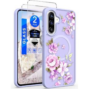 for Samsung Galaxy A36 5G Floral Phone Case with 2X Screen Protector, Military Grade Magnetic Translucent Matte Girls Women Flower Pattern Protective Cover for A36 5G (Deep Purple)
