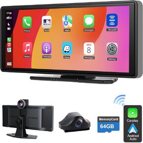Wireless Apple Carplay Screen for Car 4K Dash Cam, 10.26" Portable Apple Carplay & Android Auto Car Stereo, with 1080p Backup Camera, GPS Navigation/Mirror Link/Voice Control/Bluetooth/FM