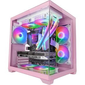 MC-VIEW2 Gaming Case MicroATX, Double Frameless Tempered Glass, 1 x 120 mm FRGB Rear Fan, Support for Liquid Cooling up to 240 mm, Double Chamber Design, Pink