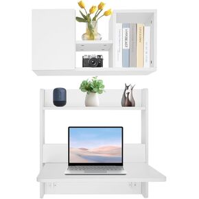 Wall Mounted Folding Bookshelf, Folding Space Saving Writing Table with Storage Shelves Fold Down Laptop Desk 2-Tier Wall Mounted Laptop Work Table for Home Office (White)