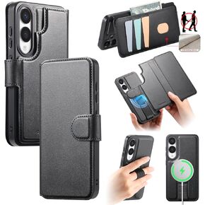 HAOTP for Samsung Galaxy S25 Ultra Wallet Case with Card Holder,RFID Blocking PU Leather Flip Folio Telescopic Finger Strap Cover,Detachable Magnetic Kickstand Shockproof Case for Women Men Black
