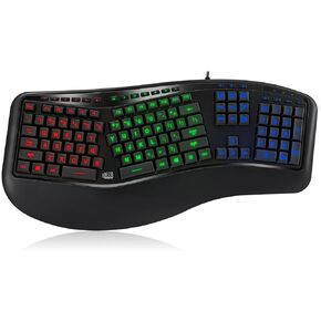 AKB-150EB - 3-Color Illuminated Ergonomic Keyboard with 20 Hotkeys, Split Key Zone, and Membrane Key Switches for Comfortable Typing
