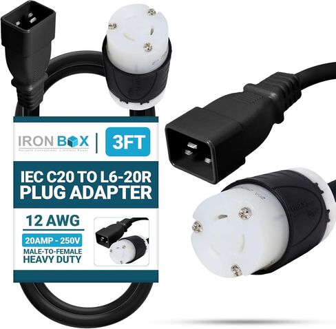 IronBox Electric - Heavy Duty IEC C20 to L6-20R Plug Adapter Power Cord - 12 AWG Jacket - Rated for 20 Amps and 250V - UL Listed Extension Cable - Ideal for Server Racks and Data Centers (3 feet) in Saudi Arabia