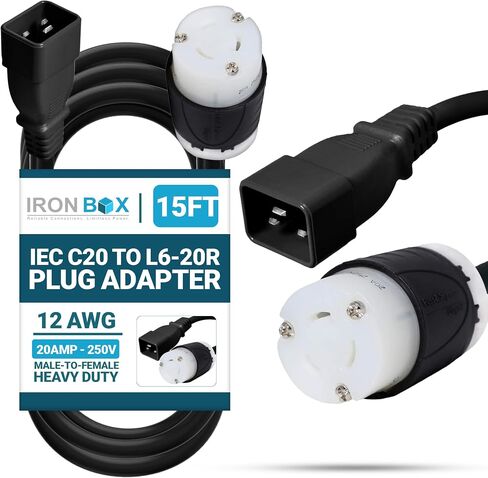 IronBox Electric - Heavy Duty IEC C20 to L6-20R Plug Adapter Power Cord - 12 AWG Jacket - Rated for 20 Amps and 250V - UL Listed Extension Cable - Ideal for Server Racks and Data Centers (3 feet) in Saudi Arabia