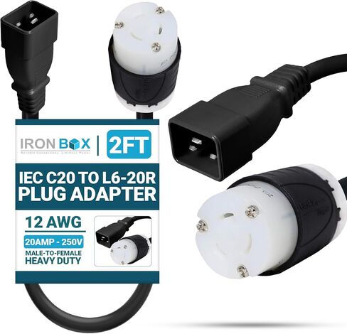 IronBox Electric - Heavy Duty IEC C20 to L6-20R Plug Adapter Power Cord - 12 AWG Jacket - Rated for 20 Amps and 250V - UL Listed Extension Cable - Ideal for Server Racks and Data Centers (3 feet) in Saudi Arabia