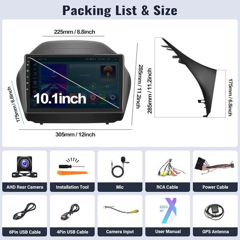 SIXWIN Android 13 Car Stereo for Hyundai Tucson IX35 2010-2015 Radio 10.1 inch Touch Screen Wireless CarPlay Android Auto Mirror Link 2G+32G Bluetooth FM 26UI WiFi EQ GPS Navigation Backup Camera MIC in Kuwait