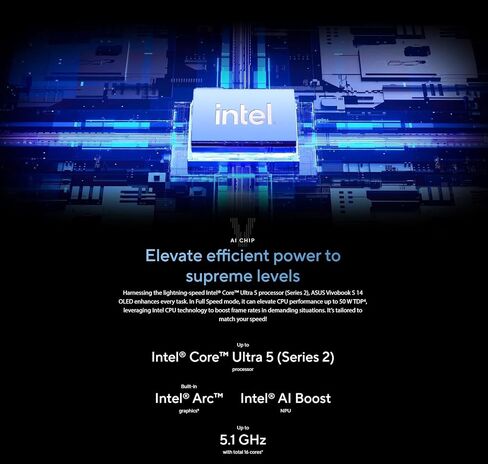 Asus Vivobook S 14 AI OLED LAPTOP ، Intel Core Ultra 5 226V ، Intel ARC Graphics ، Copilot+ AI ، RGB Backlit KB ، Wi-Fi 7 ، 2x Thunderbolt 4 ، Win11 ، W/Mousepad (16GB RAM | 1TB SSD) in Kuwait