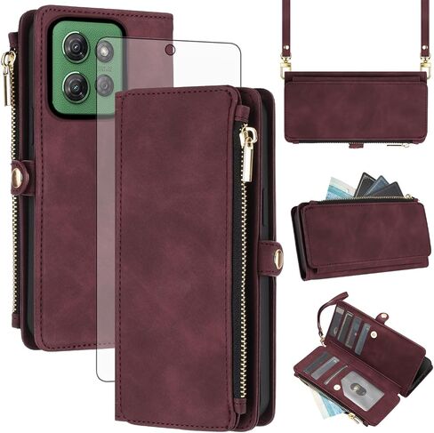 Asuwish Phone Case for Moto G Power 2025 Zipper Wallet Cell Cover with Tempered Glass Screen Protector Crossbody Wrist Strap Flip Credit Card Holder Motorola GPower 25 5G Version XT2117-4 Women Red in Kuwait