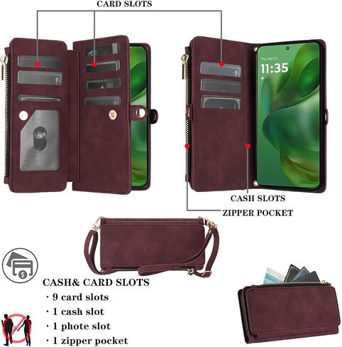 Asuwish Phone Case for Moto G Power 2025 Zipper Wallet Cell Cover with Tempered Glass Screen Protector Crossbody Wrist Strap Flip Credit Card Holder Motorola GPower 25 5G Version XT2117-4 Women Red in Kuwait