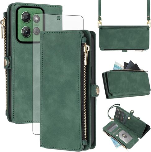 Asuwish Phone Case for Moto G Power 2025 Zipper Wallet Cell Cover with Tempered Glass Screen Protector Crossbody Wrist Strap Flip Credit Card Holder Motorola GPower 25 5G Version XT2117-4 Women Red in Kuwait
