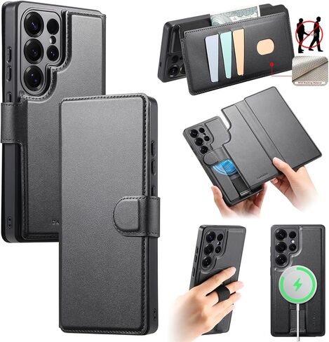 HAOTP for Samsung Galaxy S25 Ultra Wallet Case with Card Holder,RFID Blocking PU Leather Flip Folio Telescopic Finger Strap Cover,Detachable Magnetic Kickstand Shockproof Case for Women Men Black in Saudi Arabia
