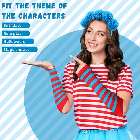 8 Pcs Blue Tulle Tutu Costume Set Includes Tulle Tutu Skirt Cat Ear Headband Red and Blue Striped Leggings Long Arm Warmer Fingerless Gloves for Teenagers Girls Party Supplies Halloween in Saudi Arabia