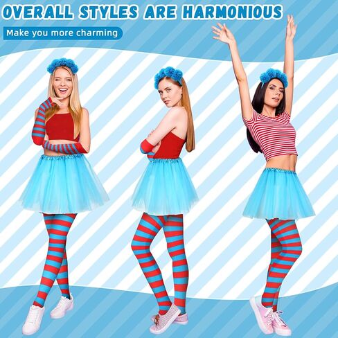 8 Pcs Blue Tulle Tutu Costume Set Includes Tulle Tutu Skirt Cat Ear Headband Red and Blue Striped Leggings Long Arm Warmer Fingerless Gloves for Teenagers Girls Party Supplies Halloween in Saudi Arabia