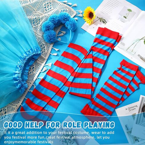 8 Pcs Blue Tulle Tutu Costume Set Includes Tulle Tutu Skirt Cat Ear Headband Red and Blue Striped Leggings Long Arm Warmer Fingerless Gloves for Teenagers Girls Party Supplies Halloween in Saudi Arabia
